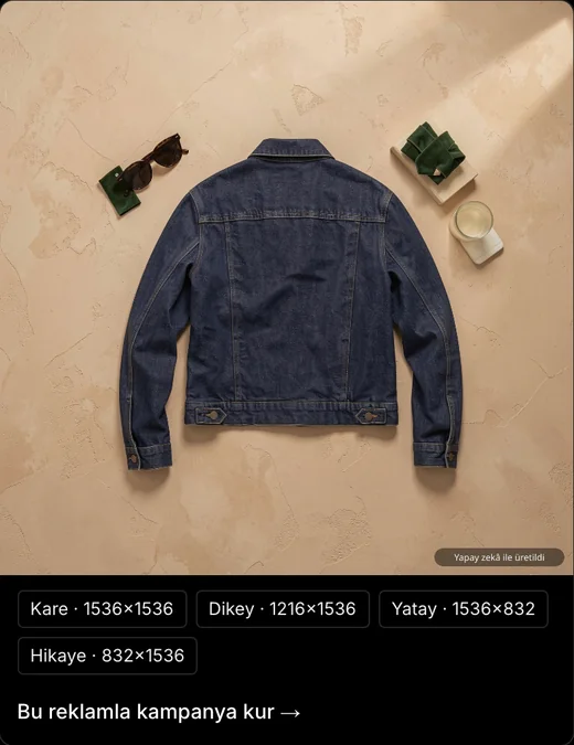 Yapay zekâ ile üretilmiş bir reklam ve dört Meta formatı: kare, dikey, yatay, hikâye